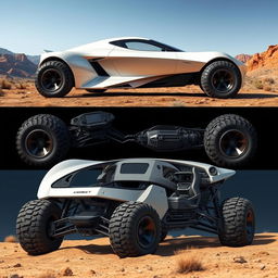 A futuristic off-road car designed for rugged terrains, featuring an aerodynamic body and large, robust wheels