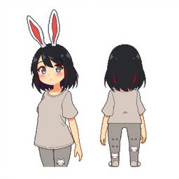 A pixel art depiction in first-person view of an adult anime woman shown from both the front and back