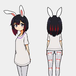 A pixel art depiction in first-person view of an adult anime woman shown from both the front and back