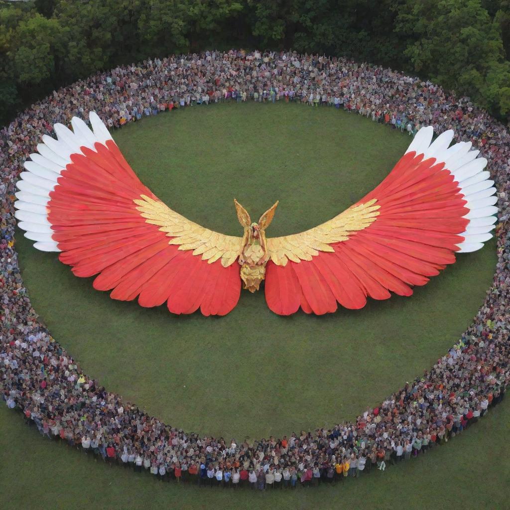 A large V formation of 110 students performing a traditional dance, with giant wings adorning the sides of the formation, and a Minokawa, a mythical creature from the Philippines, featured prominently in the center.