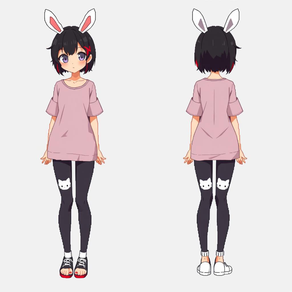 A pixel art illustration in first-person view of an adult anime woman depicted in full body from both the front and back