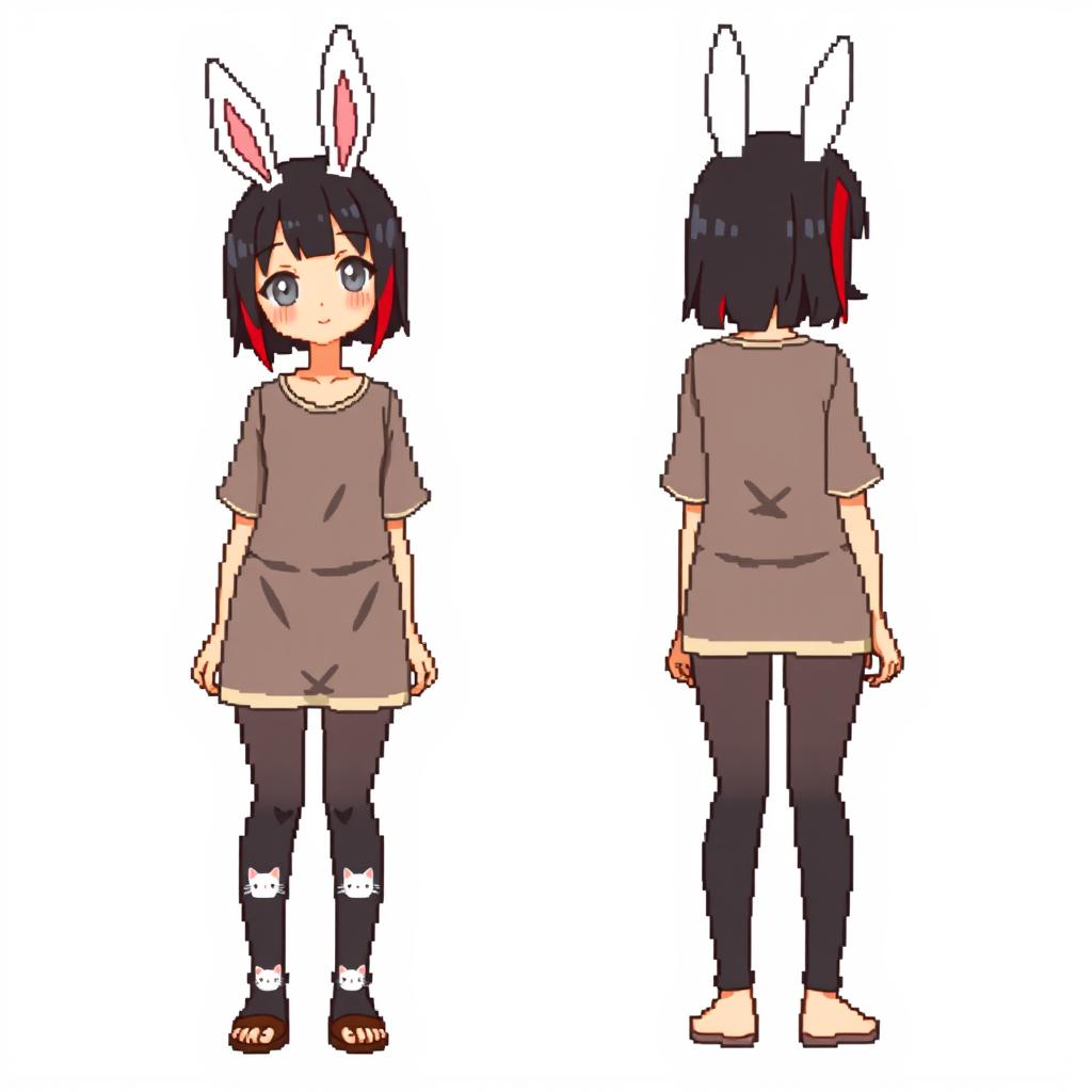 A pixel art illustration in first-person view of an adult anime woman depicted in full body from both the front and back