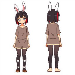 A pixel art illustration in first-person view of an adult anime woman depicted in full body from both the front and back