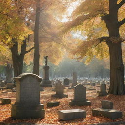 Depict a serene cemetery scene, with tombstones gently covered by falling leaves and a lone crow perched on a statue amidst dappled sunlight peeking through ancient, towering trees