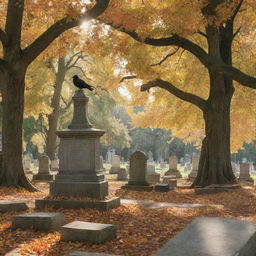 Depict a serene cemetery scene, with tombstones gently covered by falling leaves and a lone crow perched on a statue amidst dappled sunlight peeking through ancient, towering trees