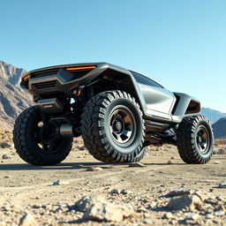 A futuristic off-road car designed with an aerodynamic shape, featuring large, rugged wheels suitable for tough terrains