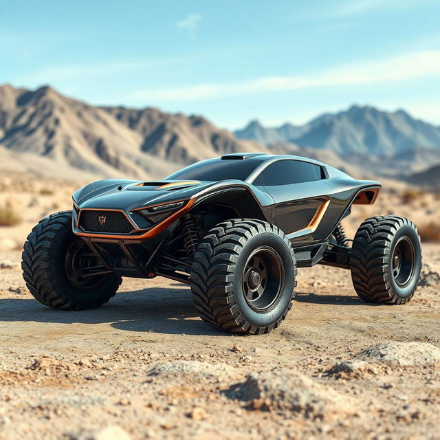 A futuristic off-road car designed with an aerodynamic shape, featuring large, rugged wheels suitable for tough terrains