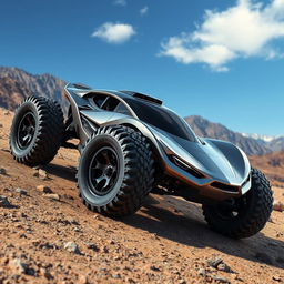 A futuristic off-road car designed with an aerodynamic shape, featuring large, rugged wheels suitable for tough terrains