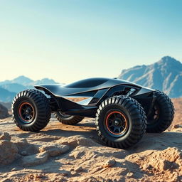 A futuristic off-road car designed with an aerodynamic shape, featuring large, rugged wheels suitable for tough terrains