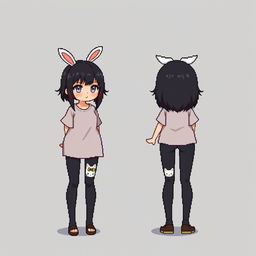 A pixel art illustration in first-person view of an adult woman with anime style, shown in full body from both the front and back