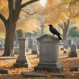 Depict a serene cemetery scene, with tombstones gently covered by falling leaves and a lone crow perched on a statue amidst dappled sunlight peeking through ancient, towering trees