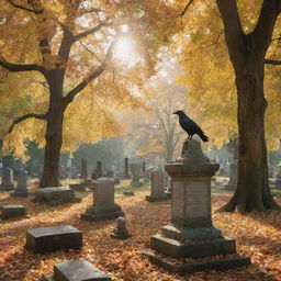 Depict a serene cemetery scene, with tombstones gently covered by falling leaves and a lone crow perched on a statue amidst dappled sunlight peeking through ancient, towering trees