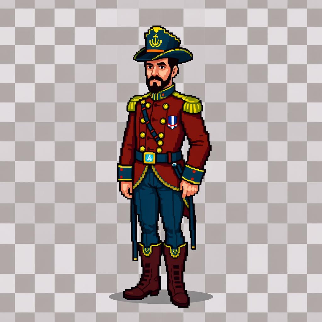 A full-body pixel art depiction of José Gervasio Artigas, the national hero of Uruguay, designed in a colorful 2D style