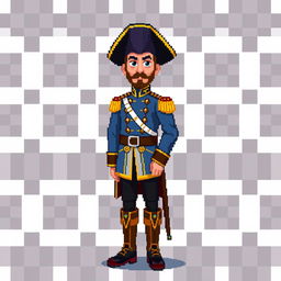 A full-body pixel art depiction of José Gervasio Artigas, the national hero of Uruguay, designed in a colorful 2D style