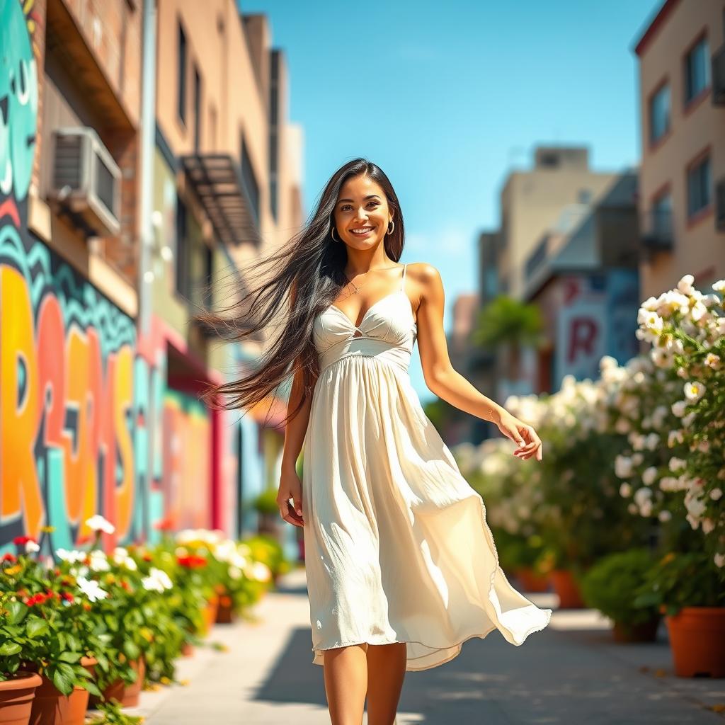 A stunning woman standing confidently in a sunlit urban environment