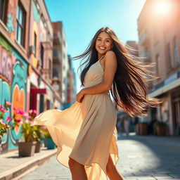 A stunning woman standing confidently in a sunlit urban environment