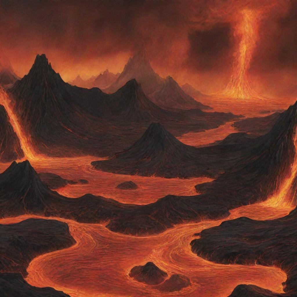 Illustrate a dramatic depiction of an infernal landscape, filled with fiery lava lakes, towering inferno tornadoes, and blackened, charred rock formations