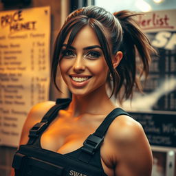 A close-up shot focusing on a gorgeous brunette woman with a ponytail, wearing a black SWAT tactical vest that highlights her large chest and cleavage