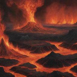 Illustrate a dramatic depiction of an infernal landscape, filled with fiery lava lakes, towering inferno tornadoes, and blackened, charred rock formations