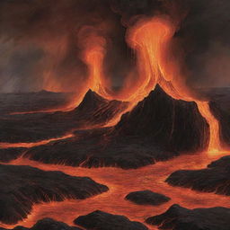 Illustrate a dramatic depiction of an infernal landscape, filled with fiery lava lakes, towering inferno tornadoes, and blackened, charred rock formations