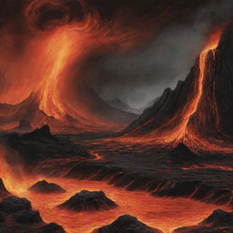 Illustrate a dramatic depiction of an infernal landscape, filled with fiery lava lakes, towering inferno tornadoes, and blackened, charred rock formations