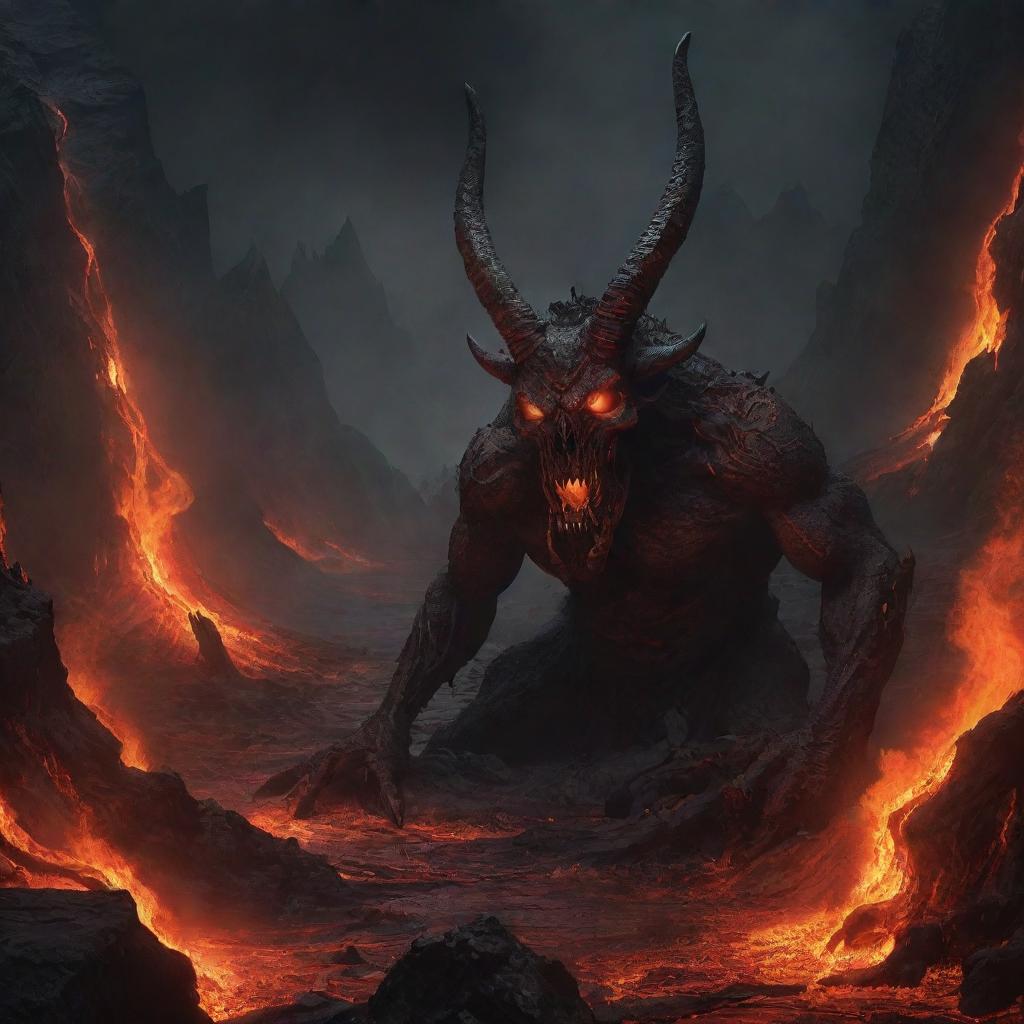 Illustrate an infernal landscape with fiery lava lakes and charred rock formations. Amid this, depict a chilling figure of a demonic entity, with menacing horns and eyes glowing in the fiery darkness