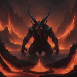 Illustrate an infernal landscape with fiery lava lakes and charred rock formations. Amid this, depict a chilling figure of a demonic entity, with menacing horns and eyes glowing in the fiery darkness