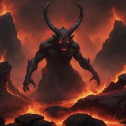 Illustrate an infernal landscape with fiery lava lakes and charred rock formations. Amid this, depict a chilling figure of a demonic entity, with menacing horns and eyes glowing in the fiery darkness