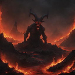 Illustrate an infernal landscape with fiery lava lakes and charred rock formations. Amid this, depict a chilling figure of a demonic entity, with menacing horns and eyes glowing in the fiery darkness