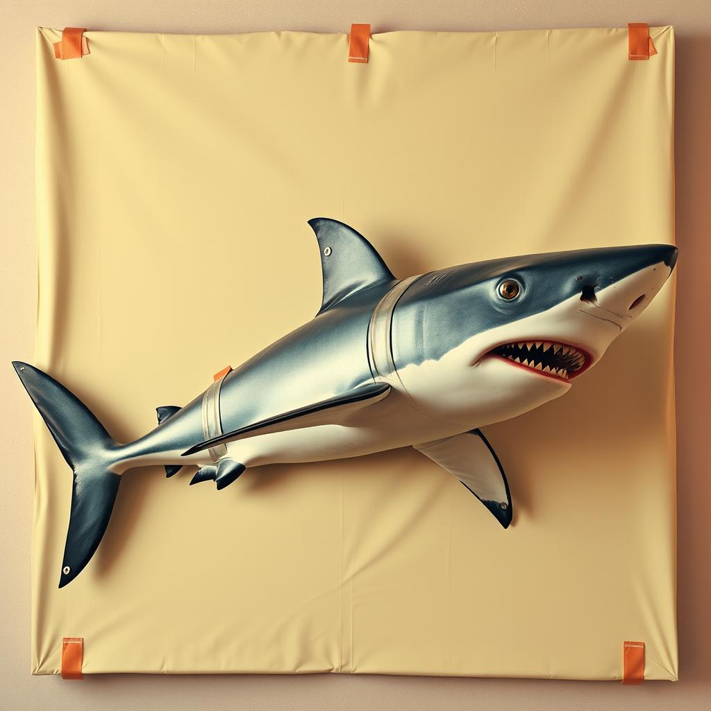 A hyper-realistic image depicting a large, ultra-realistic shark affixed to a blank canvas