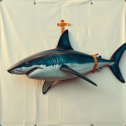 A hyper-realistic image depicting a large, ultra-realistic shark affixed to a blank canvas