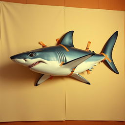 A hyper-realistic image depicting a large, ultra-realistic shark affixed to a blank canvas