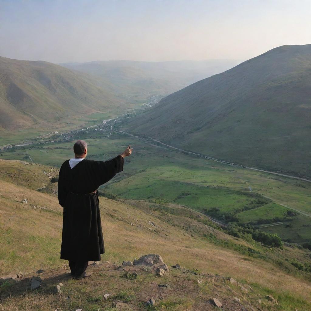 An Armenian shepherd with traditional attire, standing atop a hill. He is pointing towards a picturesque location, illuminating a hidden spot within the vast, mountainous landscape.