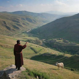 An Armenian shepherd with traditional attire, standing atop a hill. He is pointing towards a picturesque location, illuminating a hidden spot within the vast, mountainous landscape.