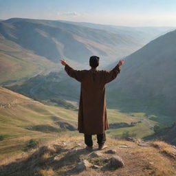 An Armenian shepherd with traditional attire, standing atop a hill. He is pointing towards a picturesque location, illuminating a hidden spot within the vast, mountainous landscape.