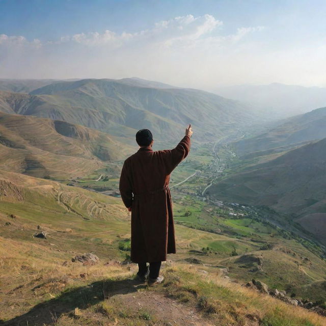 An Armenian shepherd with traditional attire, standing atop a hill. He is pointing towards a picturesque location, illuminating a hidden spot within the vast, mountainous landscape.