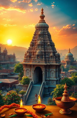 A vibrant depiction of a majestic temple in India, showcasing intricate architecture with ornate carvings and sculptures