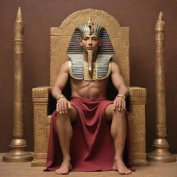 A regal Pharaoh of ancient Egypt. He is adorned in gold and ruby, seated upon a richly decorated throne. His head is crowned with the double crown of Upper and Lower Egypt, emanating power and majesty against the backdrop of pyramids.