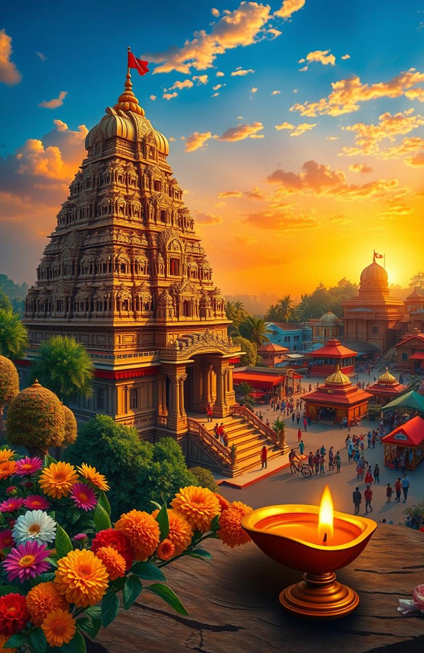 A vibrant depiction of a majestic temple in India, showcasing intricate architecture with ornate carvings and sculptures