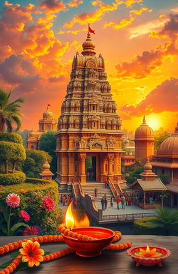 A vibrant depiction of a majestic temple in India, showcasing intricate architecture with ornate carvings and sculptures