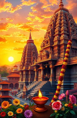 A vibrant depiction of a majestic temple in India, showcasing intricate architecture with ornate carvings and sculptures