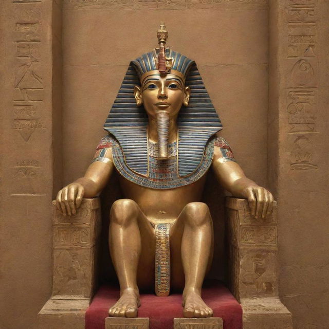 A regal Pharaoh of ancient Egypt. He is adorned in gold and ruby, seated upon a richly decorated throne. His head is crowned with the double crown of Upper and Lower Egypt, emanating power and majesty against the backdrop of pyramids.