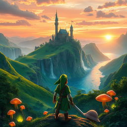 A breathtaking fantasy landscape inspired by the world of Zelda, featuring lush green hills and towering castles in the distance