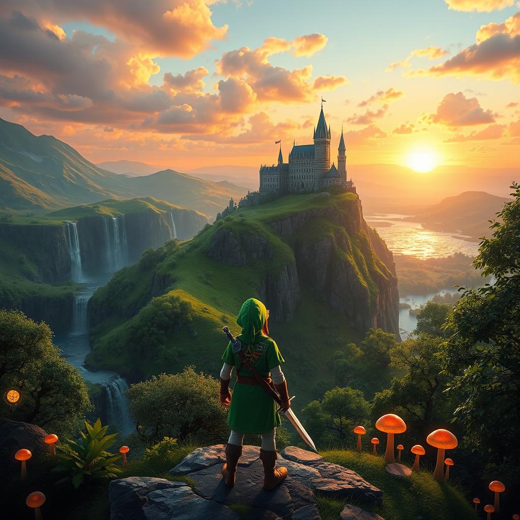 A breathtaking fantasy landscape inspired by the world of Zelda, featuring lush green hills and towering castles in the distance