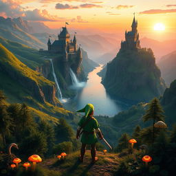 A breathtaking fantasy landscape inspired by the world of Zelda, featuring lush green hills and towering castles in the distance