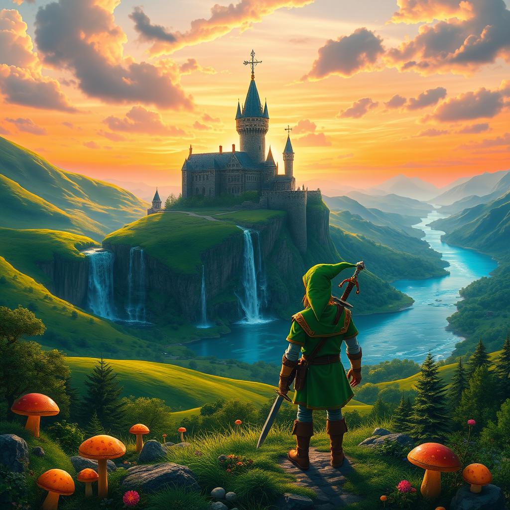 A breathtaking fantasy landscape inspired by the world of Zelda, featuring lush green hills and towering castles in the distance