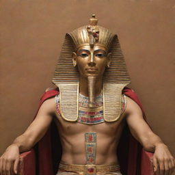 A regal Pharaoh of ancient Egypt. He is adorned in gold and ruby, seated upon a richly decorated throne. His head is crowned with the double crown of Upper and Lower Egypt, emanating power and majesty against the backdrop of pyramids.