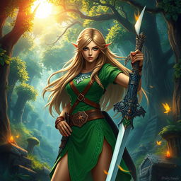 A captivating portrayal of a warrior inspired by the Zelda universe, dressed in a stylish, form-fitting version of the iconic green tunic with beautiful detailing