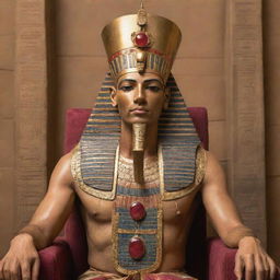 A regal Pharaoh of ancient Egypt. He is adorned in gold and ruby, seated upon a richly decorated throne. His head is crowned with the double crown of Upper and Lower Egypt, emanating power and majesty against the backdrop of pyramids.