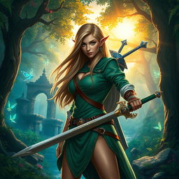 A captivating portrayal of a warrior inspired by the Zelda universe, dressed in a stylish, form-fitting version of the iconic green tunic with beautiful detailing